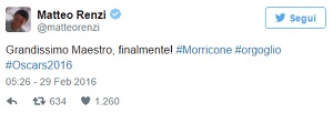 OSCAR 2016 - Il Twitter di Matteo Renzo sull'Oscar a Morricone