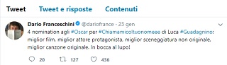 DARIO FRANCESCHINI - In bocca al lupo a Guadagnino con un tweet