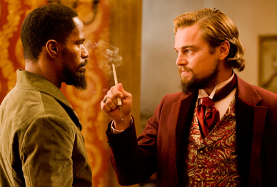 Jamie Foxx (Django) e Leonardo Di Caprio (Calvin Candie) in un pericoloso faccia a faccia